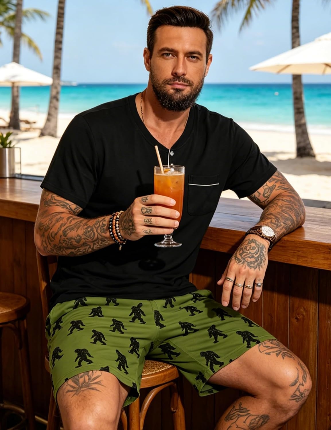 image:imageSWOMOG Mens Pajama Set Summer Pjs Sleepwear 2 Piece Loungewear Soft Short Sleeve Sleep Set With Pocket Comfy NightwearBlack Army Green