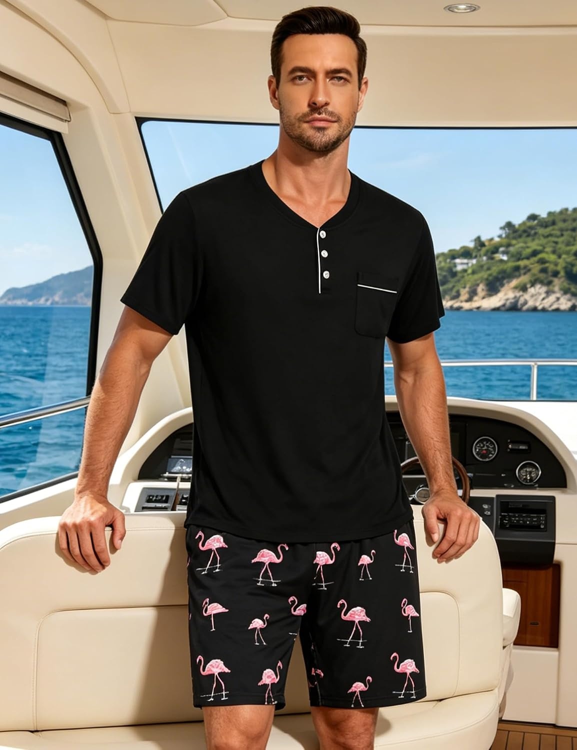 image:imageSWOMOG Mens Pajama Set Summer Pjs Sleepwear 2 Piece Loungewear Soft Short Sleeve Sleep Set With Pocket Comfy NightwearBlack Pink Flamingos