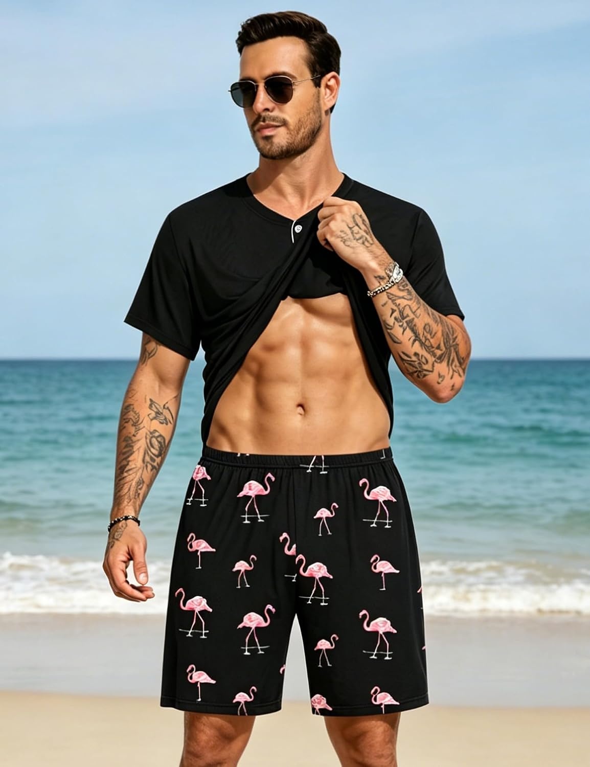 image:imageSWOMOG Mens Pajama Set Summer Pjs Sleepwear 2 Piece Loungewear Soft Short Sleeve Sleep Set With Pocket Comfy NightwearBlack Pink Flamingos