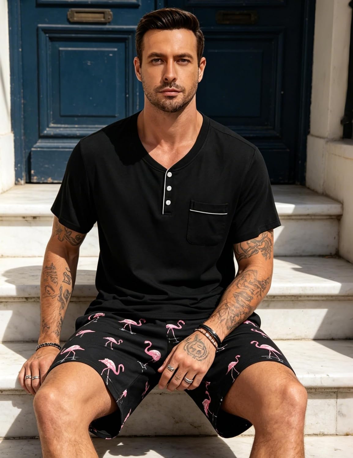 image:imageSWOMOG Mens Pajama Set Summer Pjs Sleepwear 2 Piece Loungewear Soft Short Sleeve Sleep Set With Pocket Comfy NightwearBlack Pink Flamingos