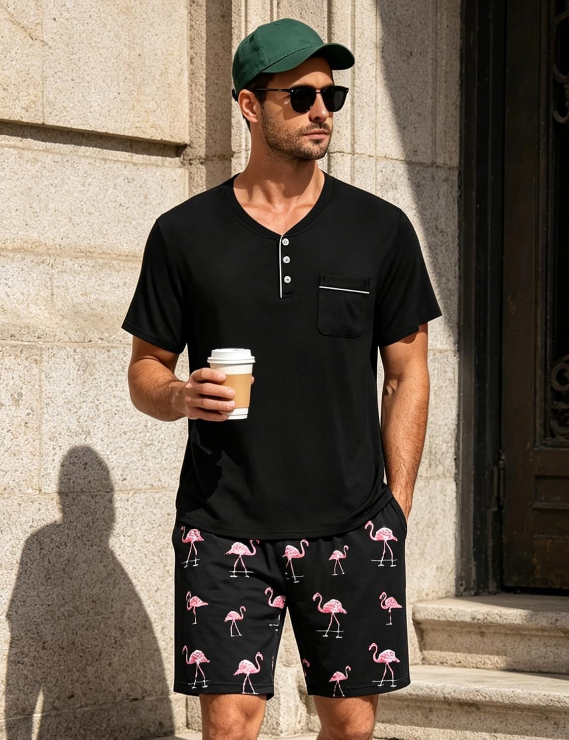 image:imageSWOMOG Mens Pajama Set Summer Pjs Sleepwear 2 Piece Loungewear Soft Short Sleeve Sleep Set With Pocket Comfy NightwearBlack Pink Flamingos