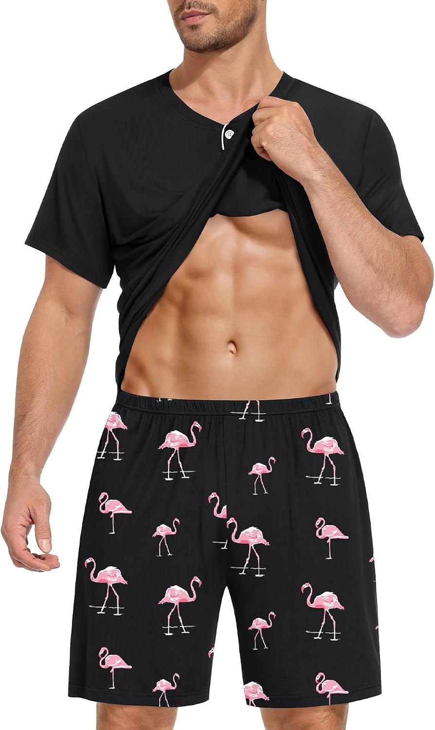 image:imageSWOMOG Mens Pajama Set Summer Pjs Sleepwear 2 Piece Loungewear Soft Short Sleeve Sleep Set With Pocket Comfy NightwearBlack Pink Flamingos