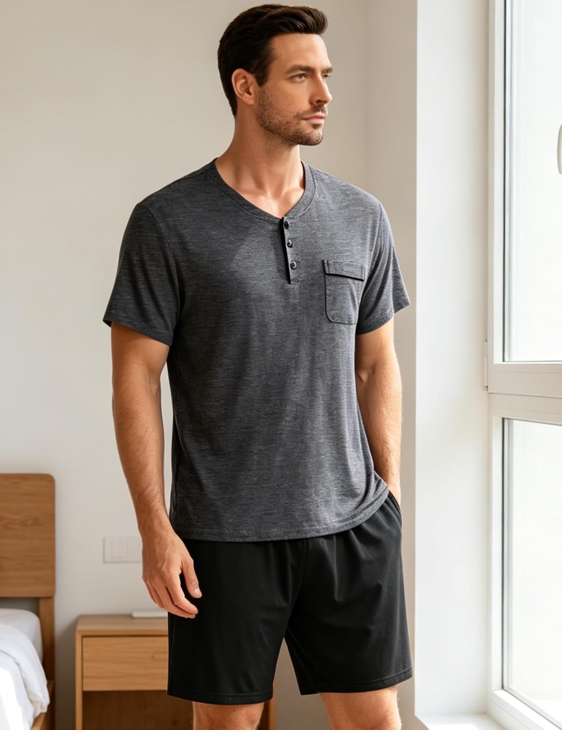 image:imageSWOMOG Mens Pajama Set Summer Pjs Sleepwear 2 Piece Loungewear Soft Short Sleeve Sleep Set With Pocket Comfy NightwearDeep Grey Black