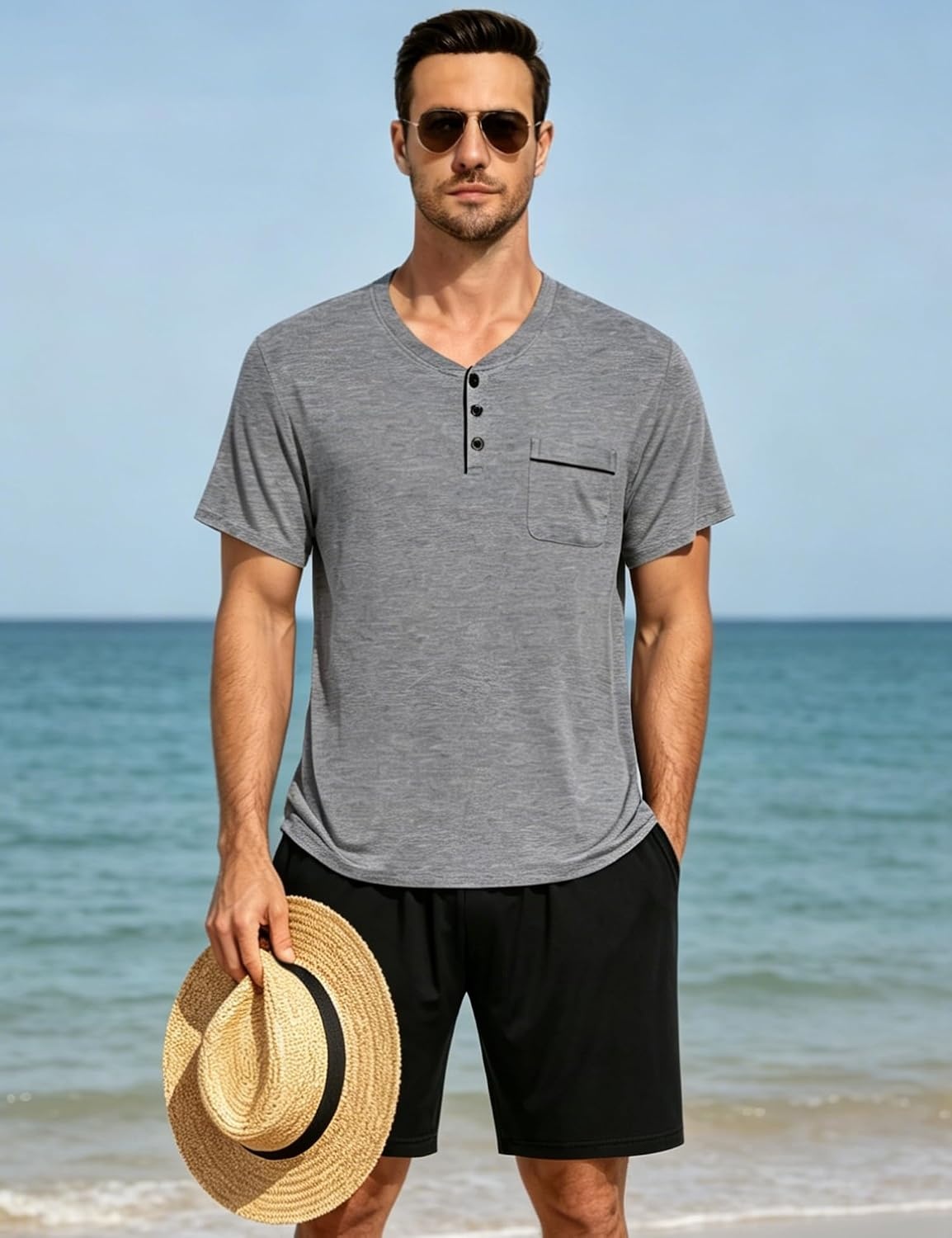image:imageSWOMOG Mens Pajama Set Summer Pjs Sleepwear 2 Piece Loungewear Soft Short Sleeve Sleep Set With Pocket Comfy NightwearGrey Black