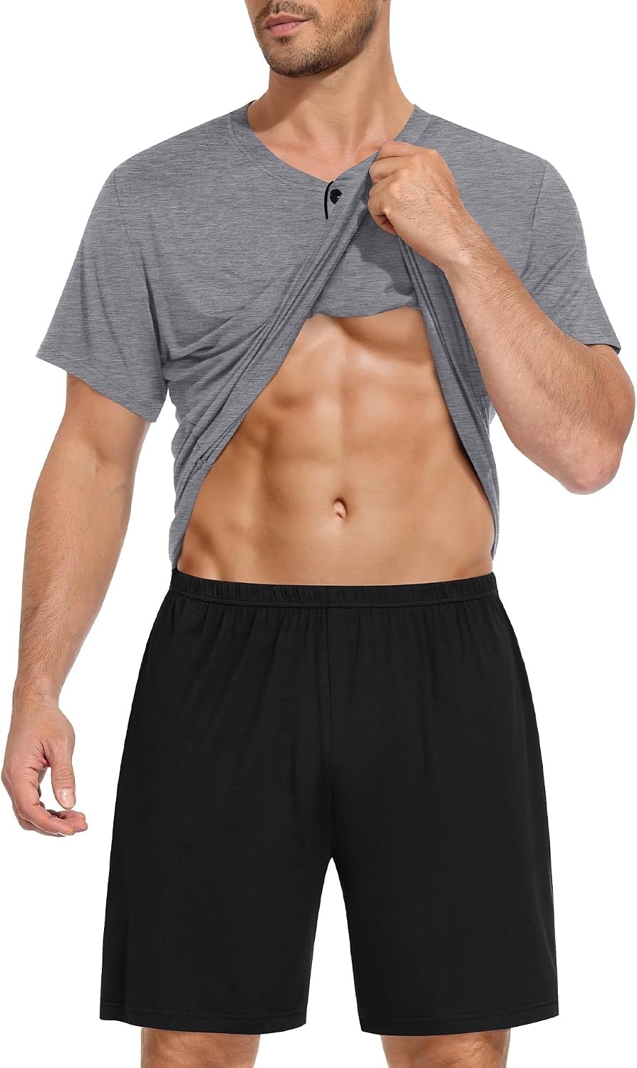 image:imageSWOMOG Mens Pajama Set Summer Pjs Sleepwear 2 Piece Loungewear Soft Short Sleeve Sleep Set With Pocket Comfy NightwearGrey Black