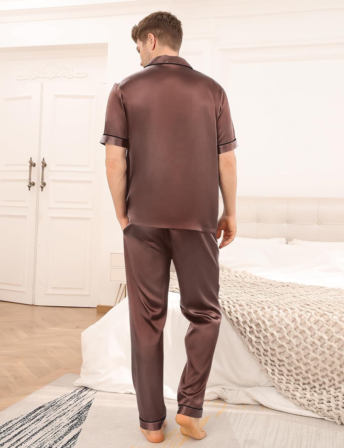 image:imageSWOMOG Mens Satin Pajama Set Short Sleeve Classic Sleepwear Button Down Silky Loungewear with Long PantsBrown