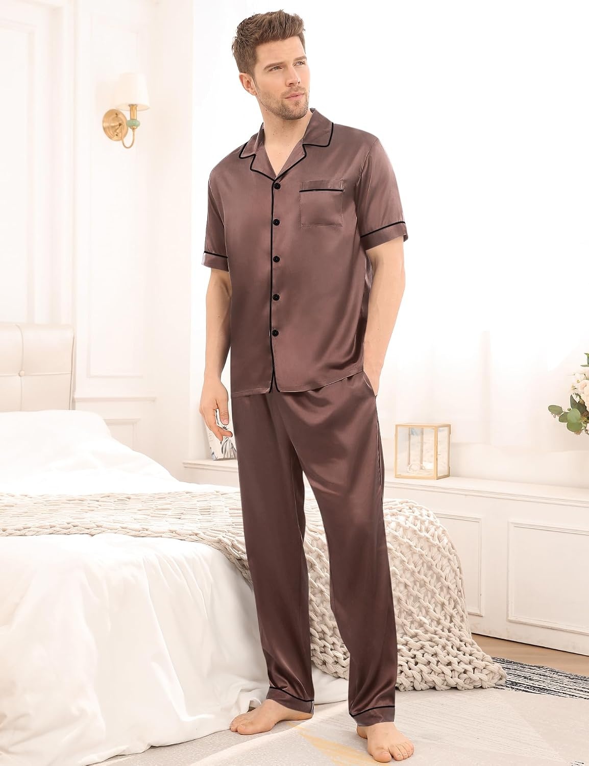 image:imageSWOMOG Mens Satin Pajama Set Short Sleeve Classic Sleepwear Button Down Silky Loungewear with Long PantsBrown