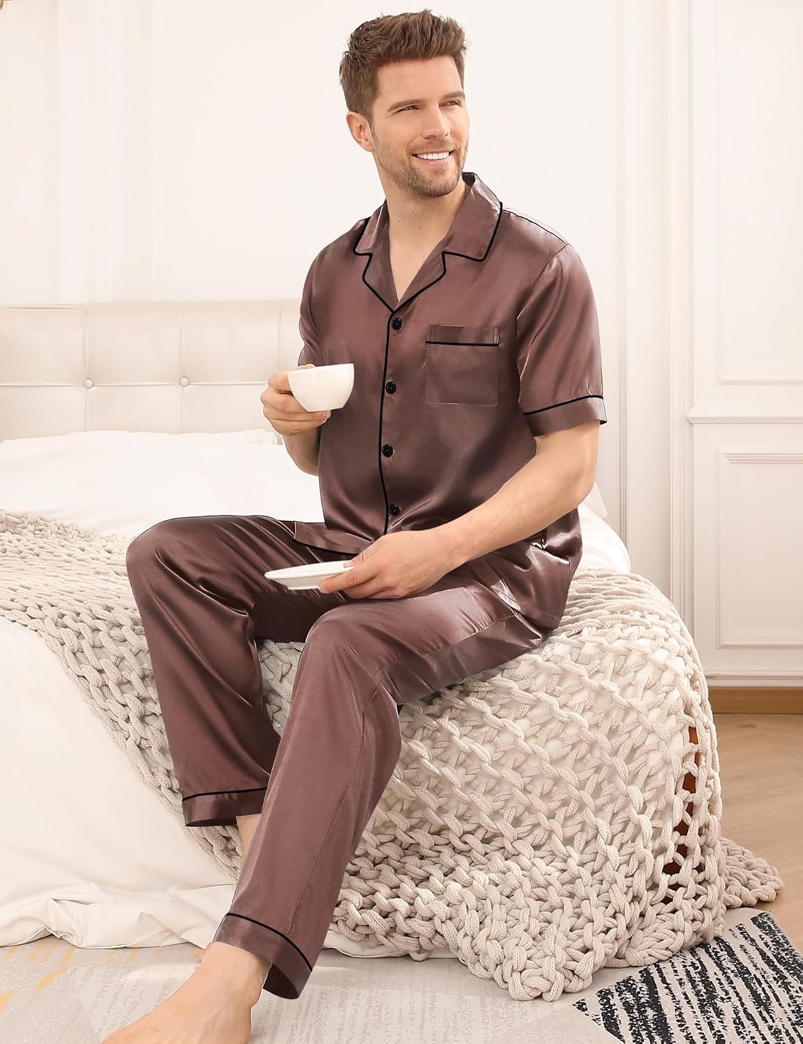 image:imageSWOMOG Mens Satin Pajama Set Short Sleeve Classic Sleepwear Button Down Silky Loungewear with Long PantsBrown