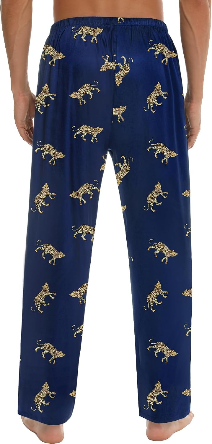 image:imageSWOMOG Mens Satin Silk Pajama Pant Long Pj Bottoms Soft Lounge Sleep Pants with Pockets amp DrawstringNavy Blue Leopard