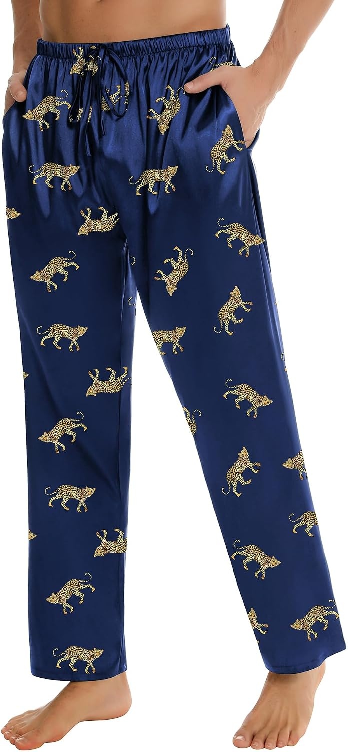 image:imageSWOMOG Mens Satin Silk Pajama Pant Long Pj Bottoms Soft Lounge Sleep Pants with Pockets amp DrawstringNavy Blue Leopard