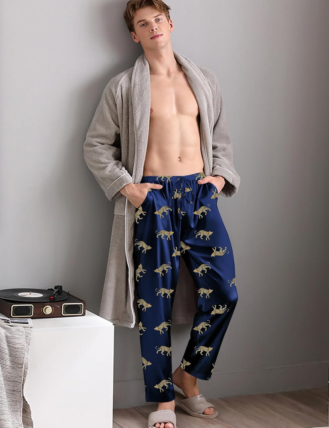 image:imageSWOMOG Mens Satin Silk Pajama Pant Long Pj Bottoms Soft Lounge Sleep Pants with Pockets amp DrawstringNavy Blue Leopard