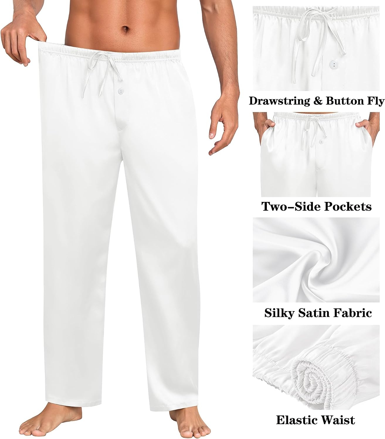 image:imageSWOMOG Mens Satin Silky Pajama Pants Soft Silk Long Pajama Bottoms with Drawstring amp Button Fly amp PocketsWhite