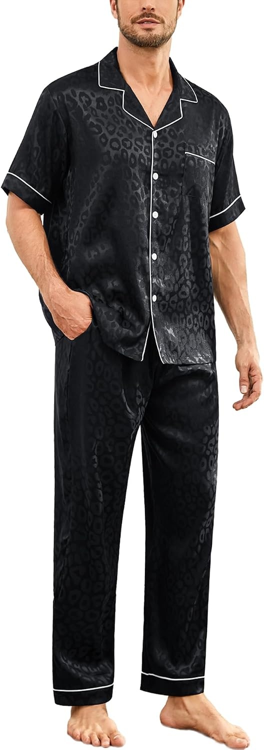 image:imageSWOMOG Mens Silk Pajamas Set Satin Pj Set Short Sleeve Sleepwear Button Down Lounge Set with Drawstring amp Pockets S3XLBlack Leopard