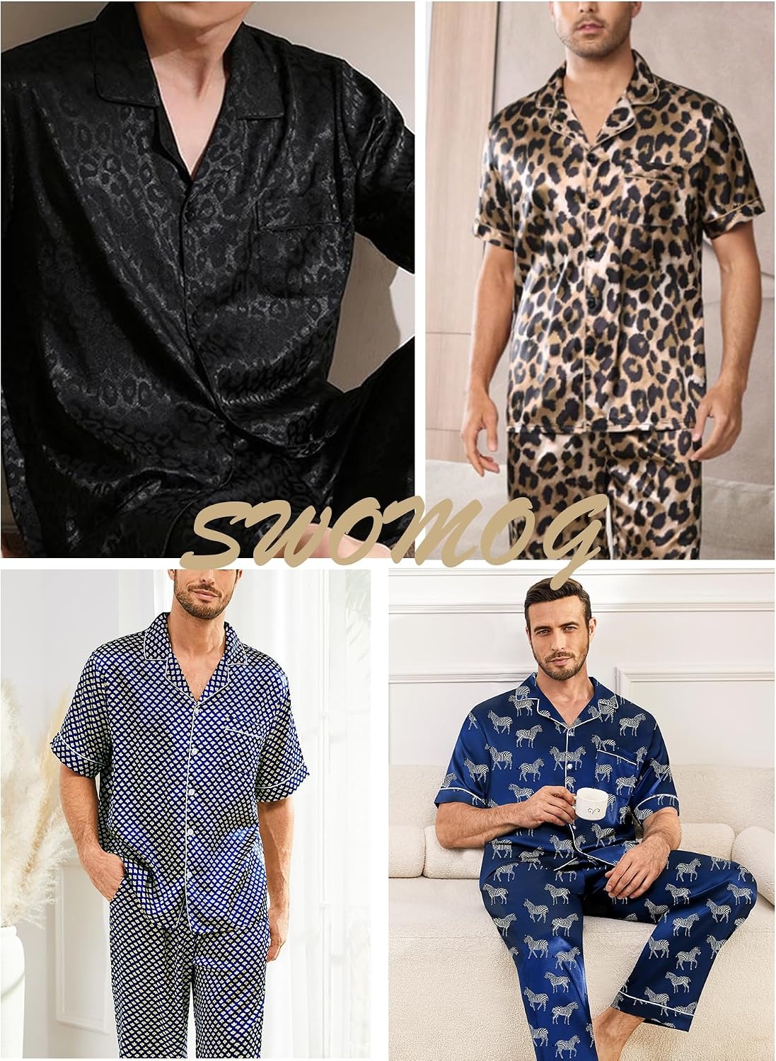 image:imageSWOMOG Mens Silk Pajamas Set Satin Pj Set Short Sleeve Sleepwear Button Down Lounge Set with Drawstring amp Pockets S3XLBlack Leopard