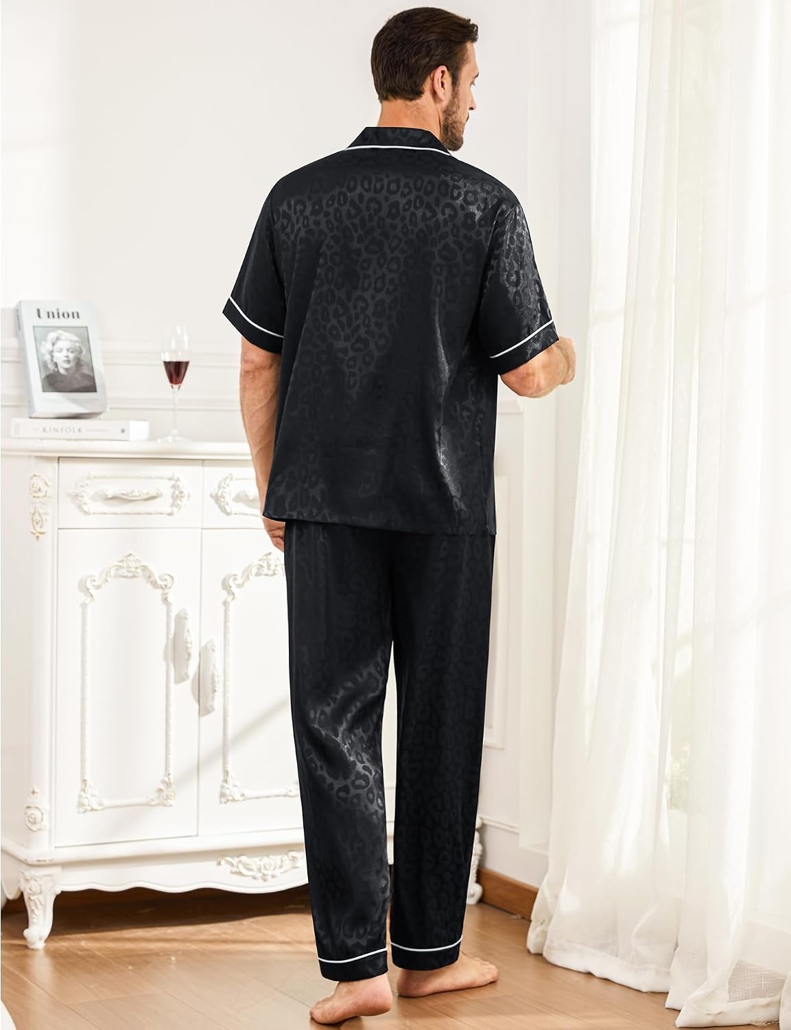 image:imageSWOMOG Mens Silk Pajamas Set Satin Pj Set Short Sleeve Sleepwear Button Down Lounge Set with Drawstring amp Pockets S3XLBlack Leopard