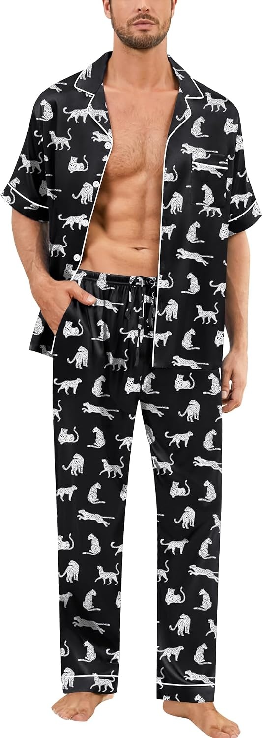 image:imageSWOMOG Mens Silk Pajamas Set Satin Pj Set Short Sleeve Sleepwear Button Down Lounge Set with Drawstring amp Pockets S3XLWhite Leopard