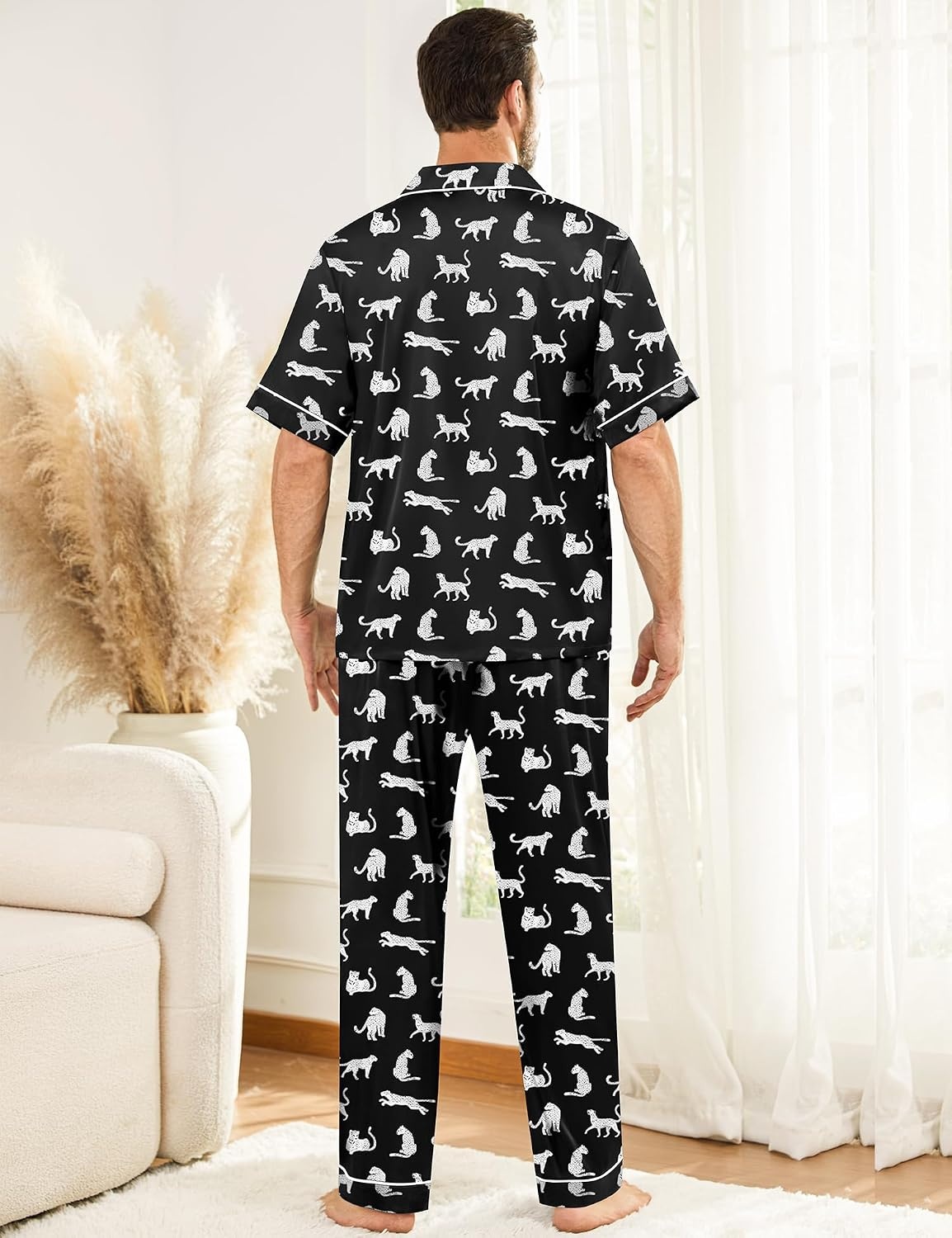 image:imageSWOMOG Mens Silk Pajamas Set Satin Pj Set Short Sleeve Sleepwear Button Down Lounge Set with Drawstring amp Pockets S3XLWhite Leopard