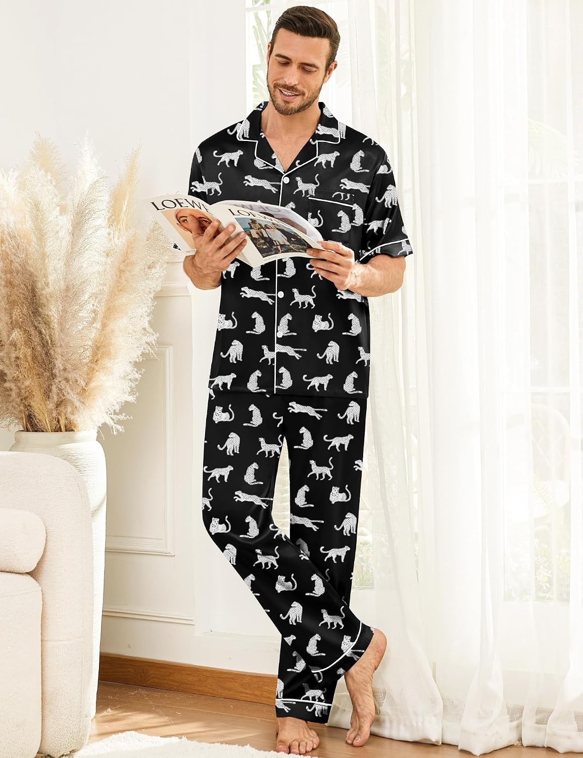 image:imageSWOMOG Mens Silk Pajamas Set Satin Pj Set Short Sleeve Sleepwear Button Down Lounge Set with Drawstring amp Pockets S3XLWhite Leopard