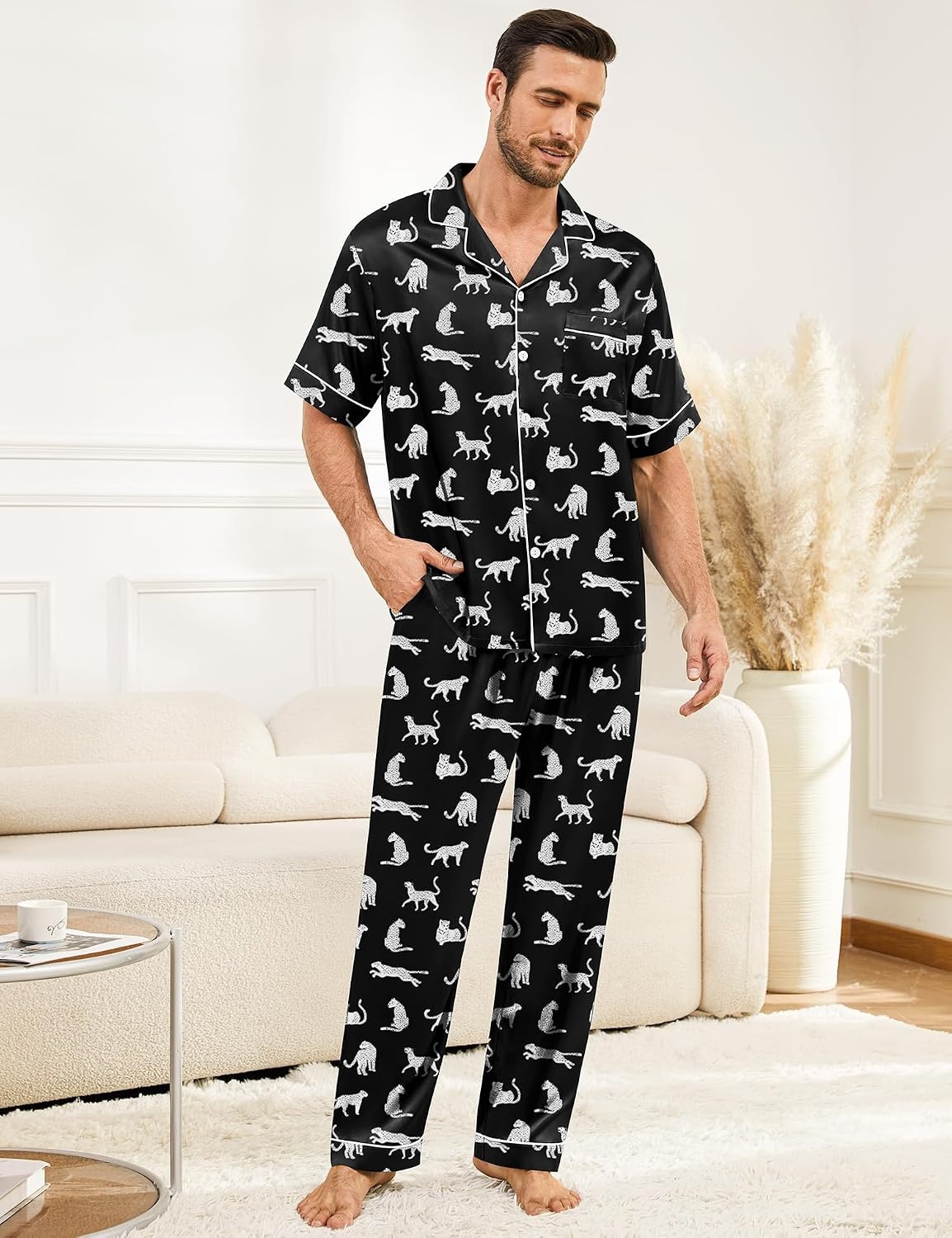 image:imageSWOMOG Mens Silk Pajamas Set Satin Pj Set Short Sleeve Sleepwear Button Down Lounge Set with Drawstring amp Pockets S3XLWhite Leopard