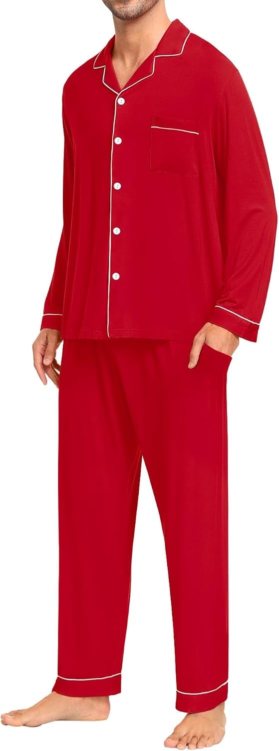 image:imageSWOMOG Modal Pajamas for Men Long Sleeve Christmas Red Cotton Sleepwear Soft Button Down Lounge Set 2 Pcs Modal Pj Set with Pockets