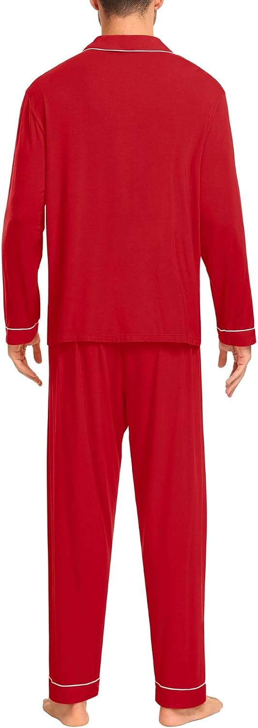image:imageSWOMOG Modal Pajamas for Men Long Sleeve Christmas Red Cotton Sleepwear Soft Button Down Lounge Set 2 Pcs Modal Pj Set with Pockets