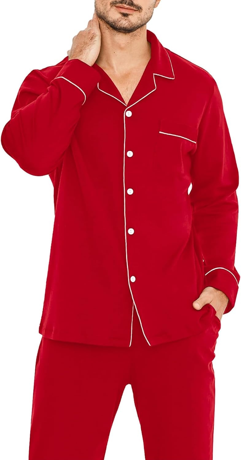 image:imageSWOMOG Modal Pajamas for Men Long Sleeve Christmas Red Cotton Sleepwear Soft Button Down Lounge Set 2 Pcs Modal Pj Set with Pockets
