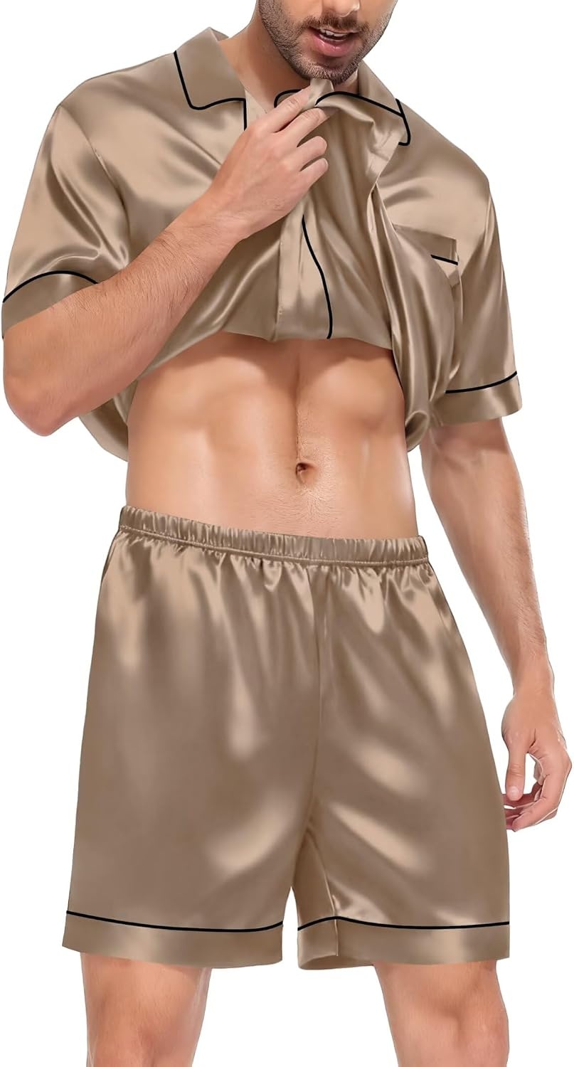 image:imageSWOMOG Satin Matching Pajamas Sets Couple Silk Button Down Nightwear Women amp Men Short Sleeve Sleepwear 2 Pieces LoungewearOpaue Couche