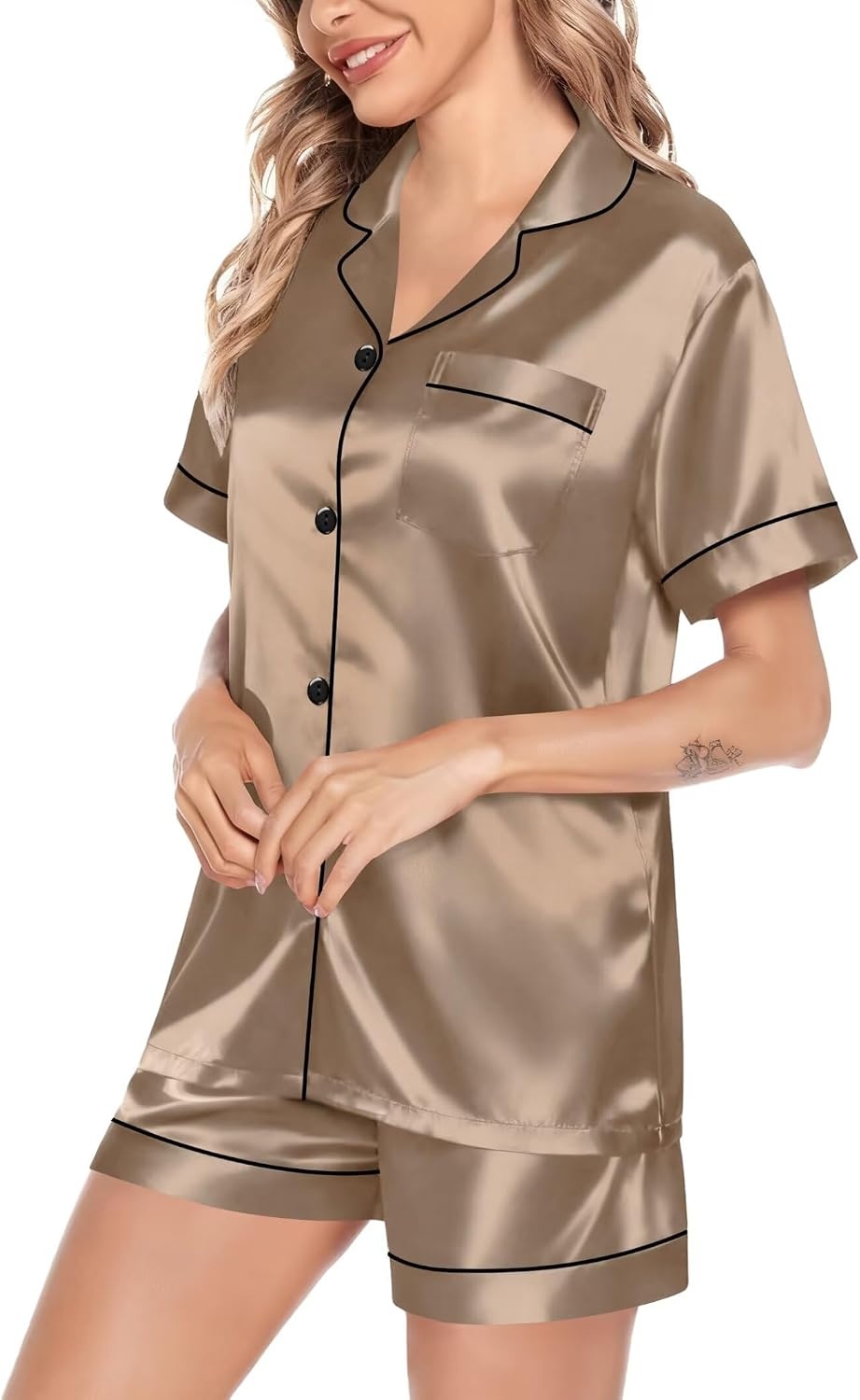 image:imageSWOMOG Satin Matching Pajamas Sets Couple Silk Button Down Nightwear Women amp Men Short Sleeve Sleepwear 2 Pieces LoungewearOpaue Couche