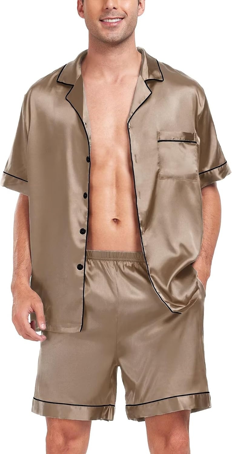 image:imageSWOMOG Satin Matching Pajamas Sets Couple Silk Button Down Nightwear Women amp Men Short Sleeve Sleepwear 2 Pieces LoungewearOpaue Couche