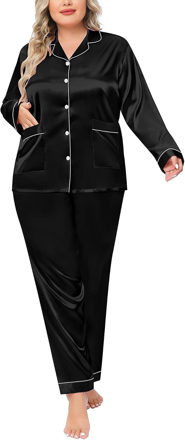 image:imageSWOMOG Women Plus Size Long Sleeve Pajamas Silk Satin Pajama Sets Button Down Sleepwear Pjs Loungewear with PocketsBlack