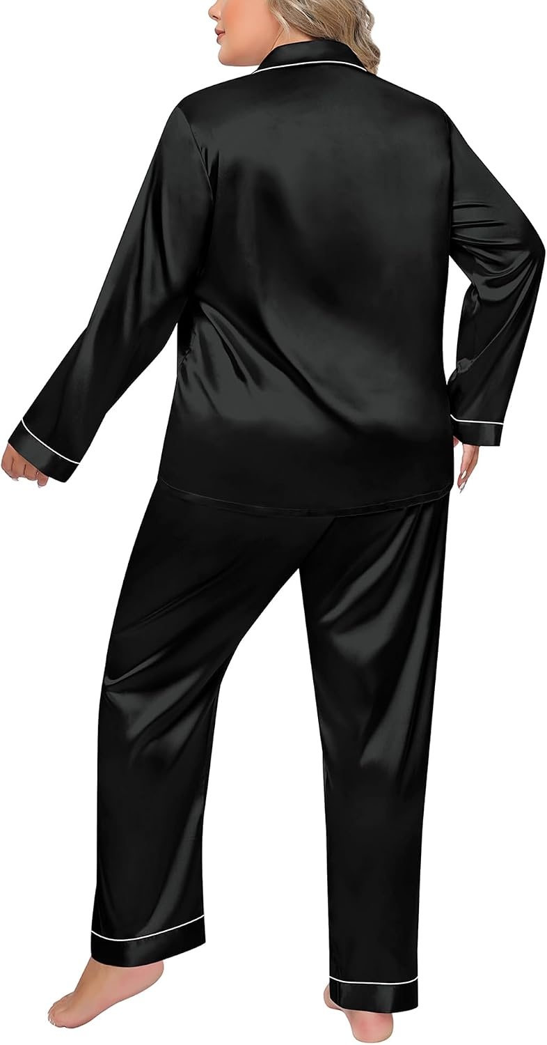 image:imageSWOMOG Women Plus Size Long Sleeve Pajamas Silk Satin Pajama Sets Button Down Sleepwear Pjs Loungewear with PocketsBlack