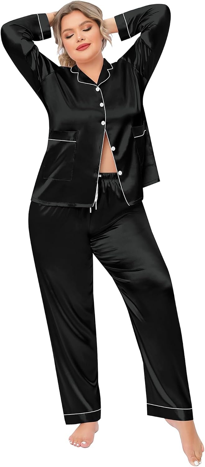 image:imageSWOMOG Women Plus Size Long Sleeve Pajamas Silk Satin Pajama Sets Button Down Sleepwear Pjs Loungewear with PocketsBlack