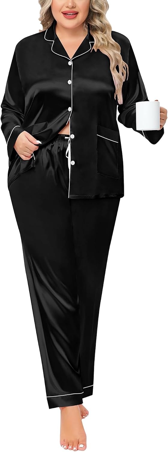 image:imageSWOMOG Women Plus Size Long Sleeve Pajamas Silk Satin Pajama Sets Button Down Sleepwear Pjs Loungewear with PocketsBlack
