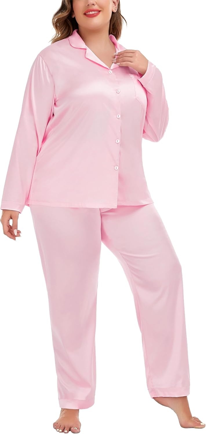 image:imageSWOMOG Women Plus Size Long Sleeve Pajamas Silk Satin Pajama Sets Button Down Sleepwear Pjs Loungewear with PocketsBlush