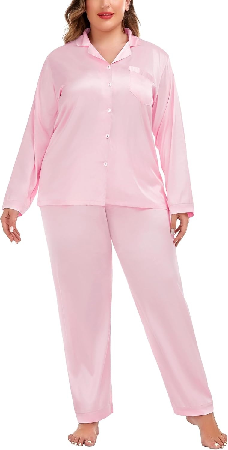 image:imageSWOMOG Women Plus Size Long Sleeve Pajamas Silk Satin Pajama Sets Button Down Sleepwear Pjs Loungewear with PocketsBlush
