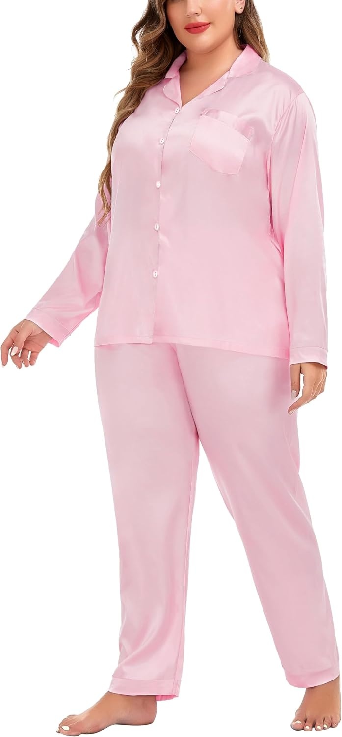 image:imageSWOMOG Women Plus Size Long Sleeve Pajamas Silk Satin Pajama Sets Button Down Sleepwear Pjs Loungewear with PocketsBlush