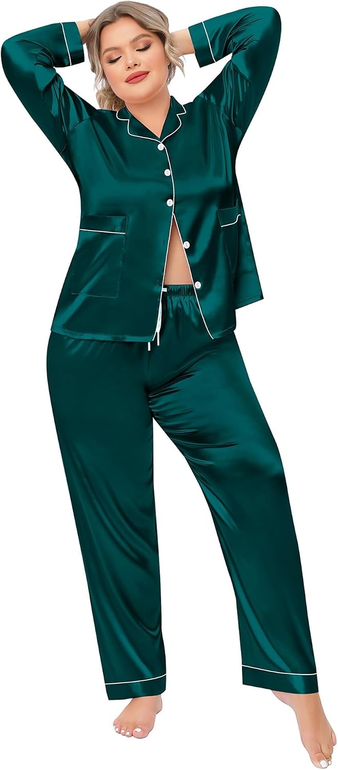 image:imageSWOMOG Women Plus Size Long Sleeve Pajamas Silk Satin Pajama Sets Button Down Sleepwear Pjs Loungewear with PocketsDeep Green