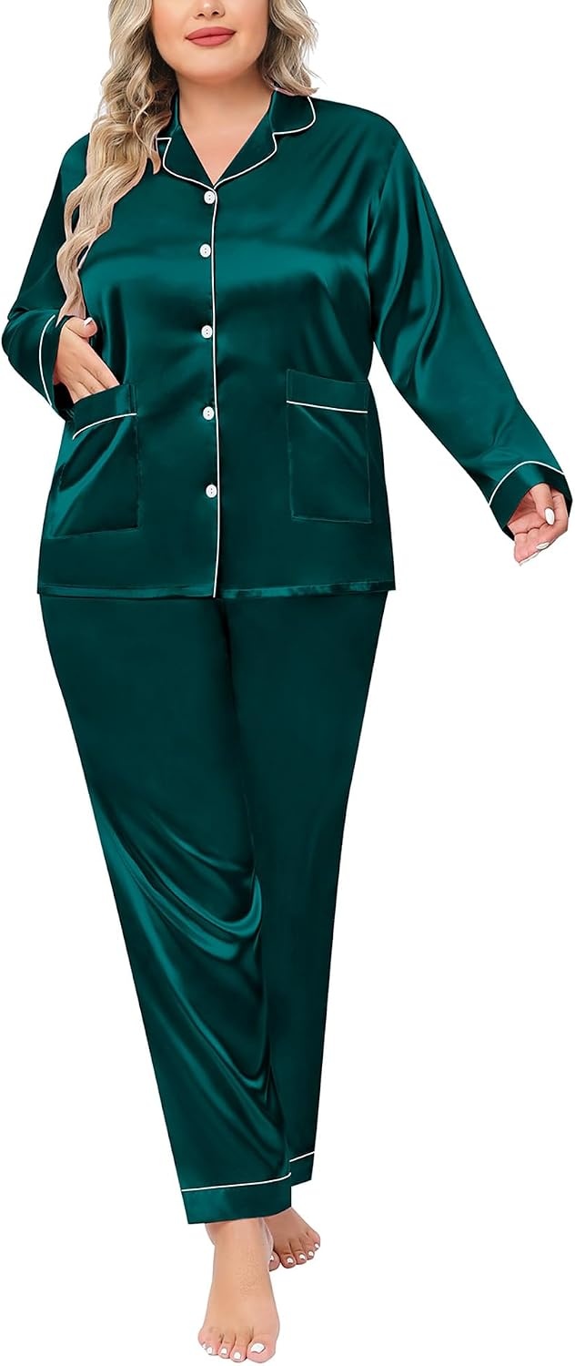 image:imageSWOMOG Women Plus Size Long Sleeve Pajamas Silk Satin Pajama Sets Button Down Sleepwear Pjs Loungewear with PocketsDeep Green