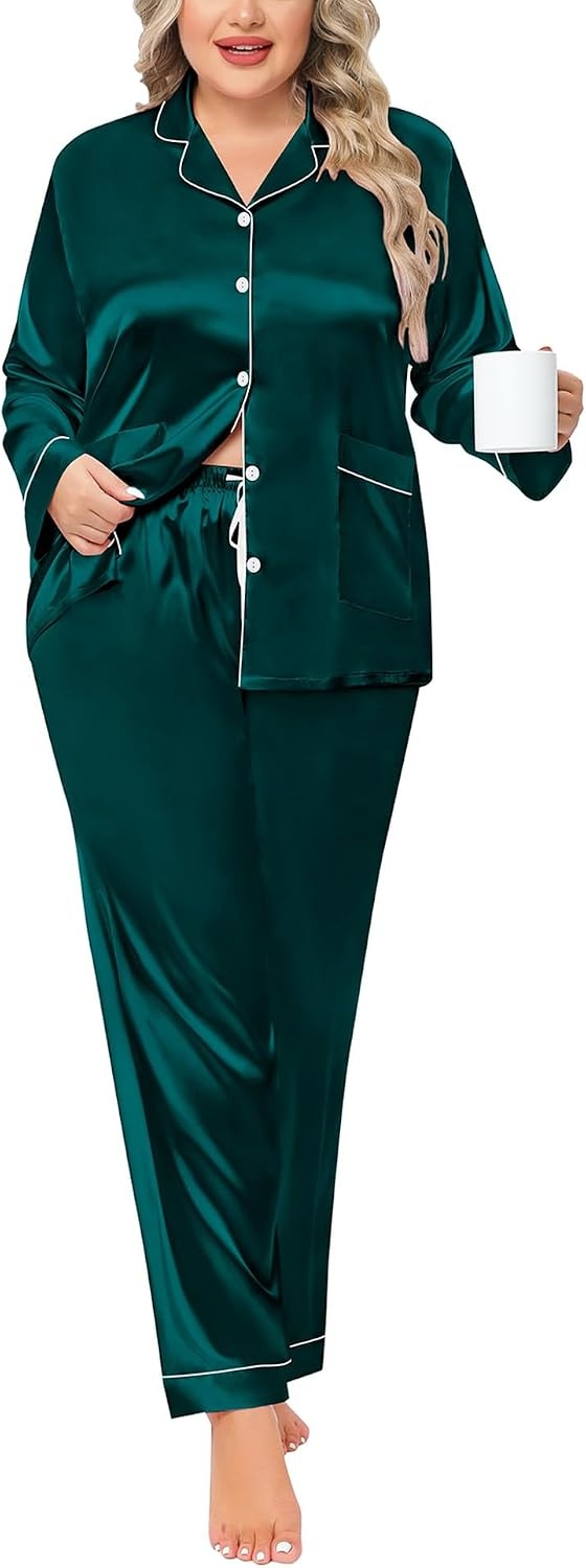 image:imageSWOMOG Women Plus Size Long Sleeve Pajamas Silk Satin Pajama Sets Button Down Sleepwear Pjs Loungewear with PocketsDeep Green