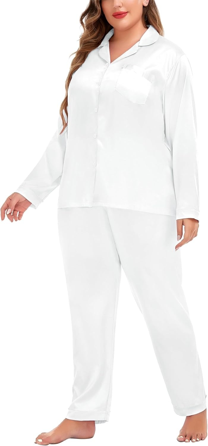 image:imageSWOMOG Women Plus Size Long Sleeve Pajamas Silk Satin Pajama Sets Button Down Sleepwear Pjs Loungewear with PocketsEggshell