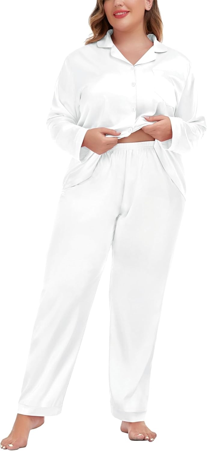 image:imageSWOMOG Women Plus Size Long Sleeve Pajamas Silk Satin Pajama Sets Button Down Sleepwear Pjs Loungewear with PocketsEggshell