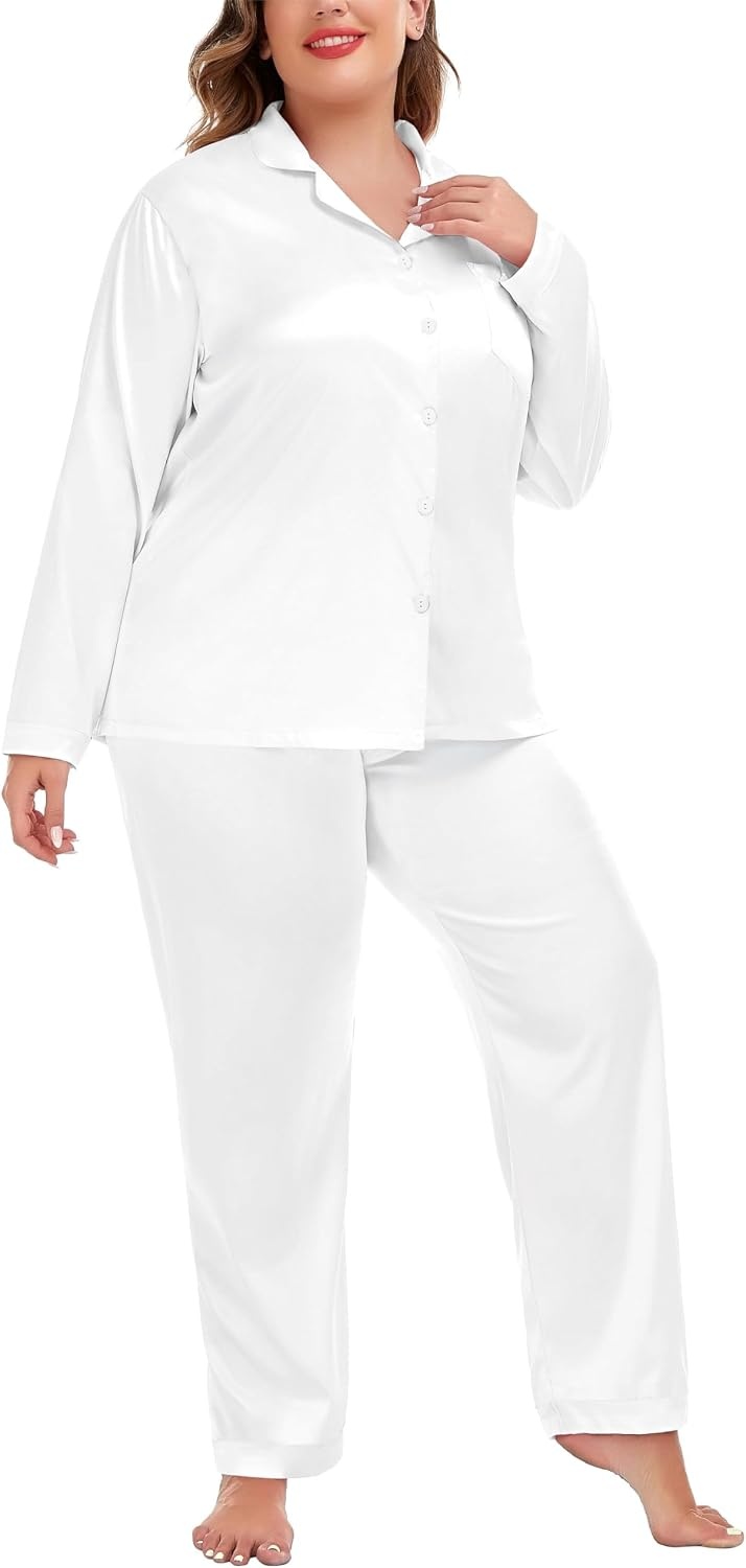 image:imageSWOMOG Women Plus Size Long Sleeve Pajamas Silk Satin Pajama Sets Button Down Sleepwear Pjs Loungewear with PocketsEggshell