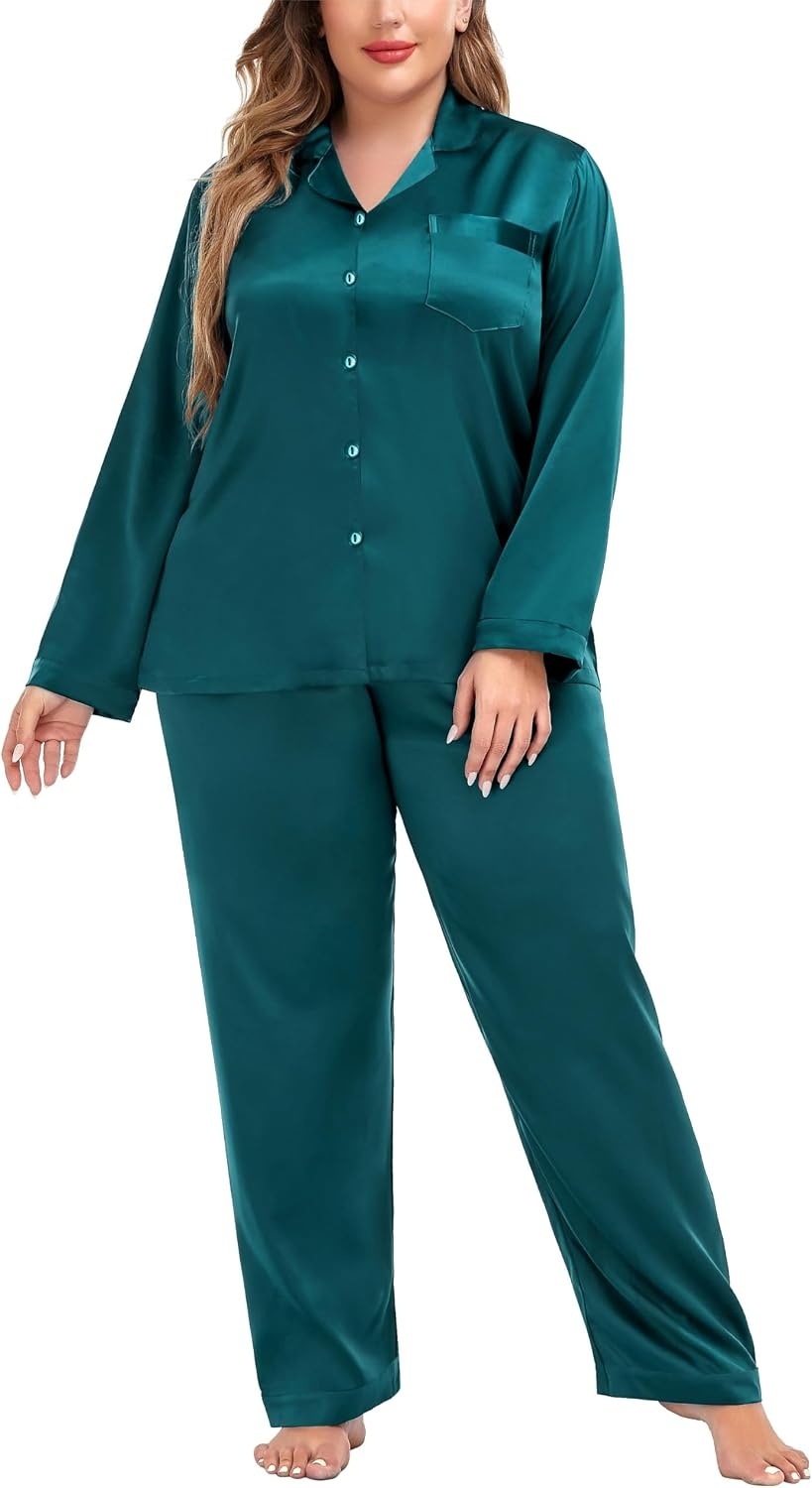 image:imageSWOMOG Women Plus Size Long Sleeve Pajamas Silk Satin Pajama Sets Button Down Sleepwear Pjs Loungewear with PocketsForest