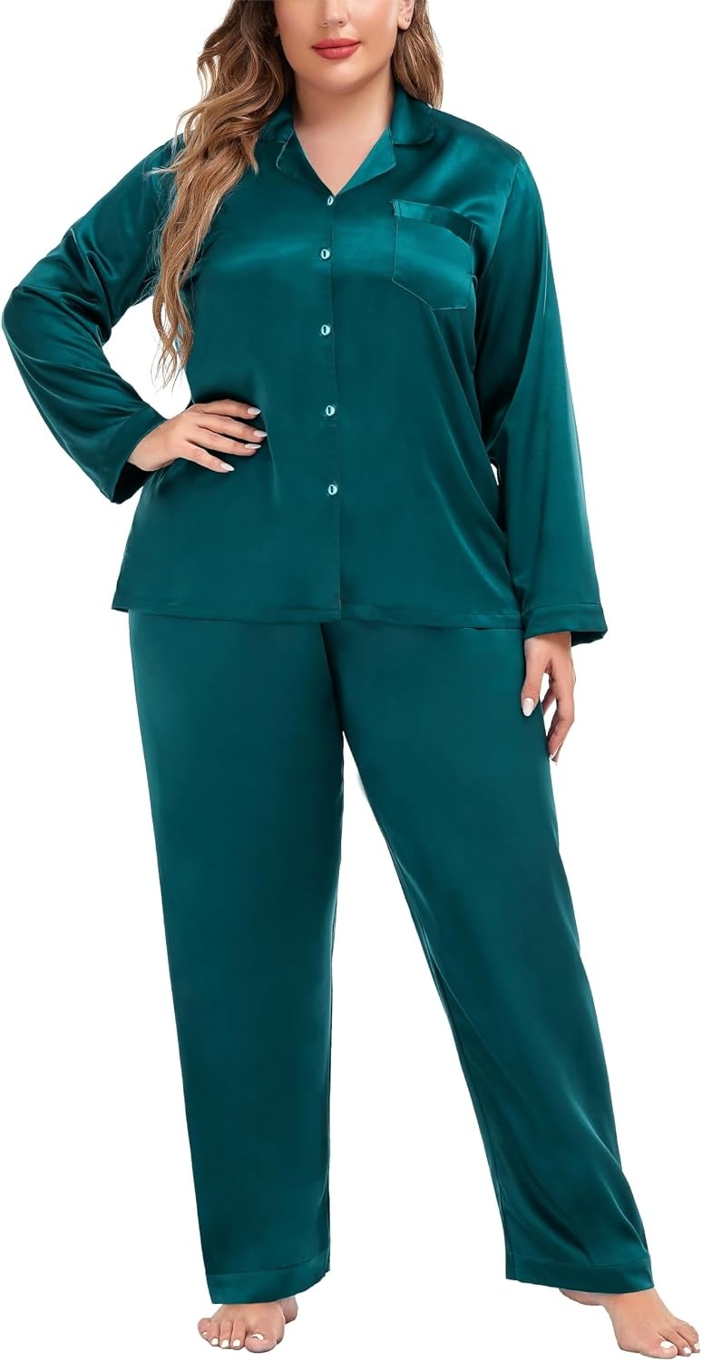 image:imageSWOMOG Women Plus Size Long Sleeve Pajamas Silk Satin Pajama Sets Button Down Sleepwear Pjs Loungewear with PocketsForest