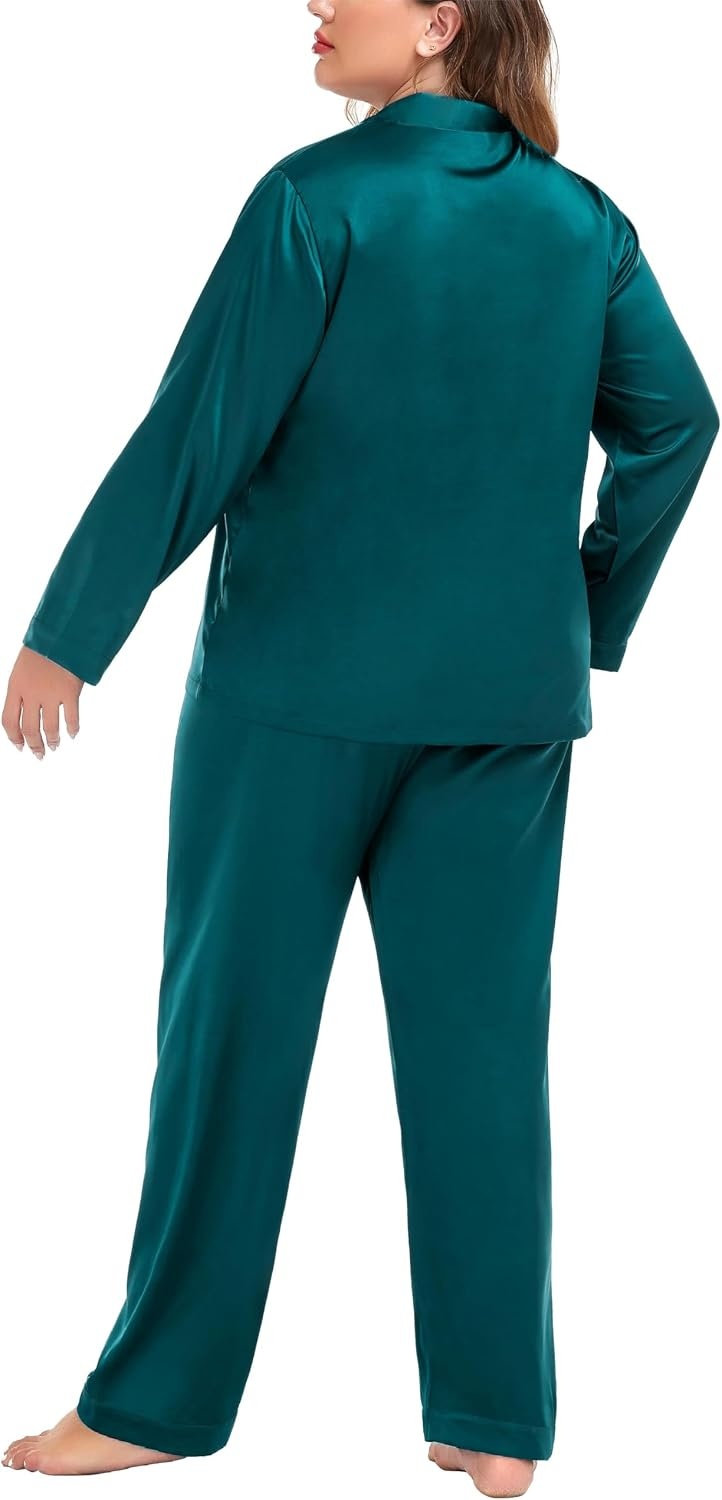 image:imageSWOMOG Women Plus Size Long Sleeve Pajamas Silk Satin Pajama Sets Button Down Sleepwear Pjs Loungewear with PocketsForest