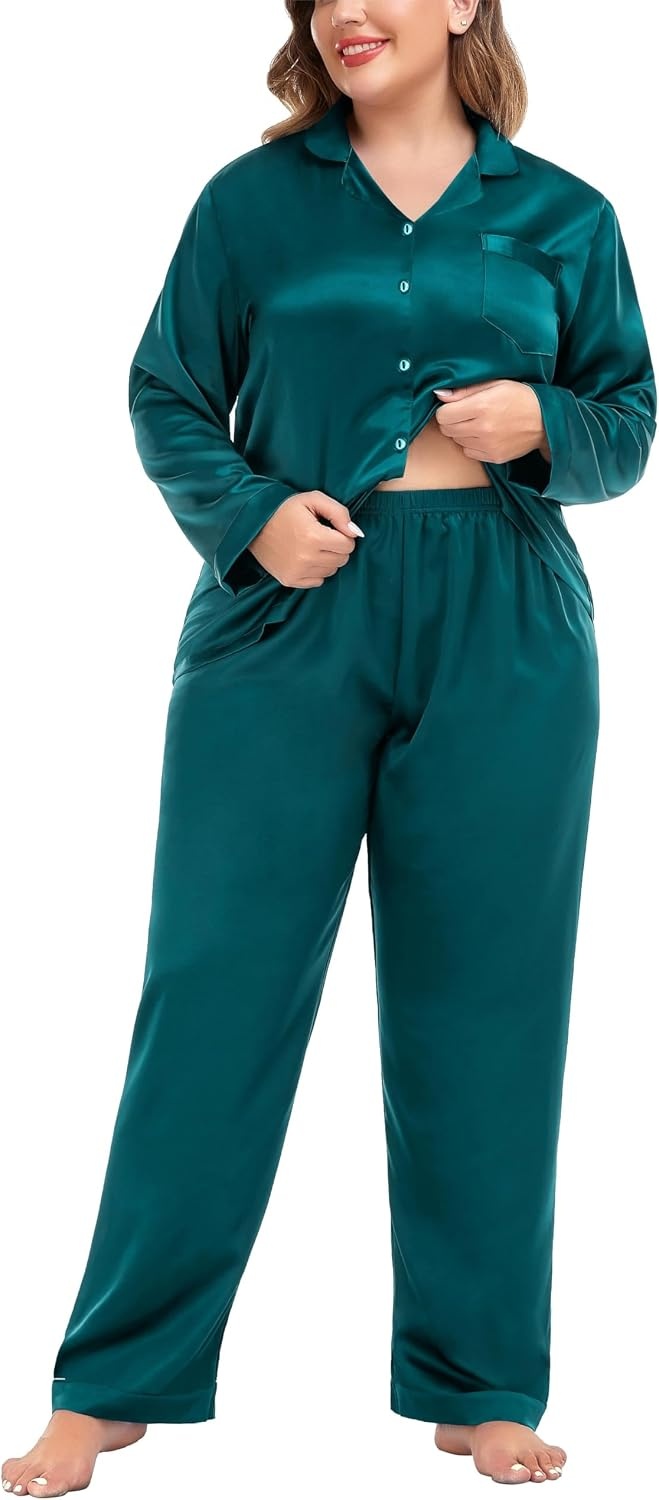 image:imageSWOMOG Women Plus Size Long Sleeve Pajamas Silk Satin Pajama Sets Button Down Sleepwear Pjs Loungewear with PocketsForest