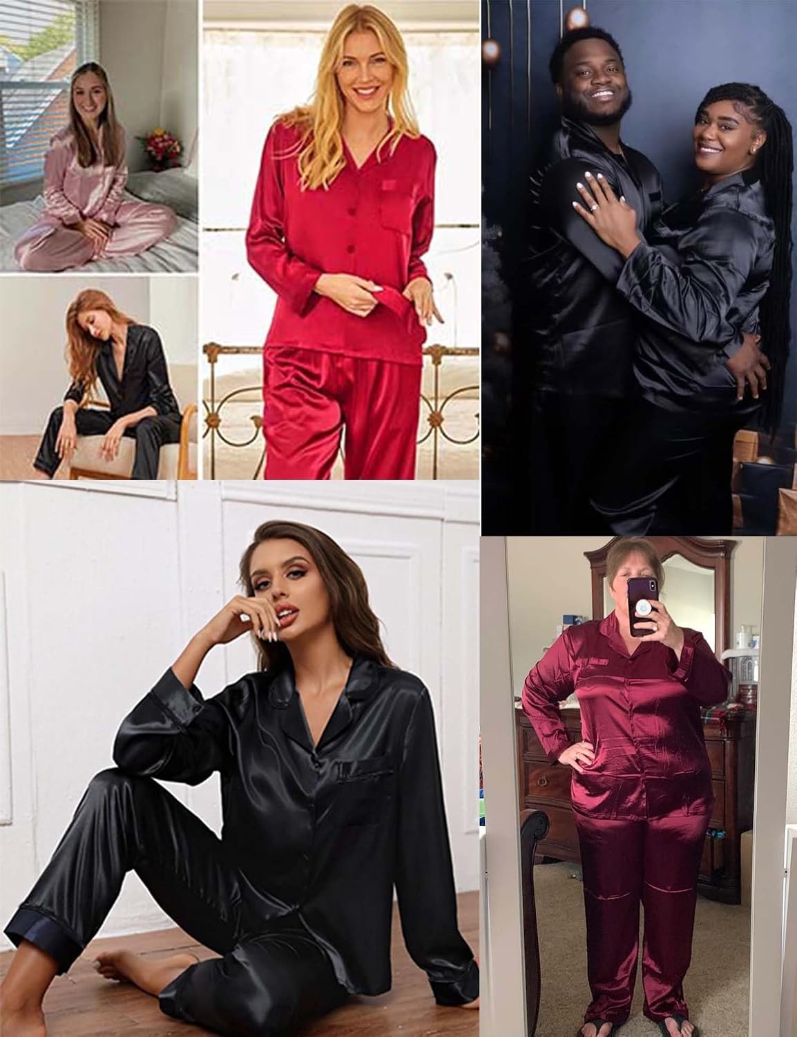 image:imageSWOMOG Women Plus Size Long Sleeve Pajamas Silk Satin Pajama Sets Button Down Sleepwear Pjs Loungewear with PocketsInk