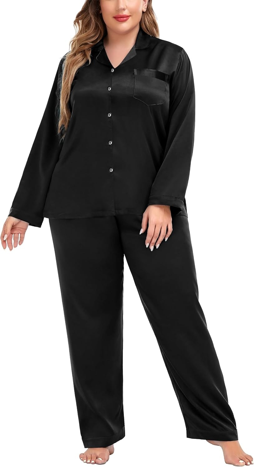 image:imageSWOMOG Women Plus Size Long Sleeve Pajamas Silk Satin Pajama Sets Button Down Sleepwear Pjs Loungewear with PocketsInk