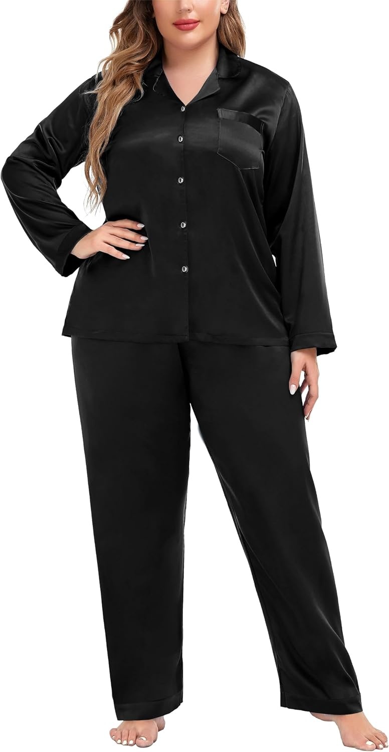 image:imageSWOMOG Women Plus Size Long Sleeve Pajamas Silk Satin Pajama Sets Button Down Sleepwear Pjs Loungewear with PocketsInk
