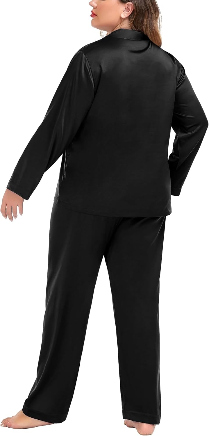 image:imageSWOMOG Women Plus Size Long Sleeve Pajamas Silk Satin Pajama Sets Button Down Sleepwear Pjs Loungewear with PocketsInk